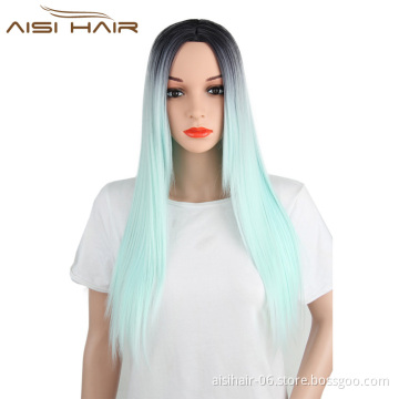 Aisi Hair Cosplay Long Straight Synthetic Wigs For Black Women Top Quality Ombre Green Color Wig Heat Resistant Fiber